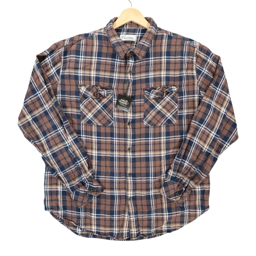 California Shirt Co Flannel Shirt Mens XL-Tall Brown Excellent Plaid Long Sleeve